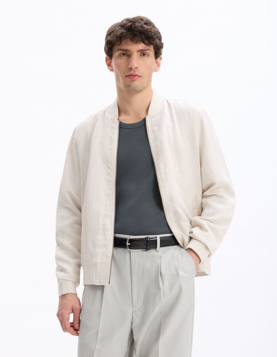 chaqueta de cuello bombardero de mezcla de lino natural