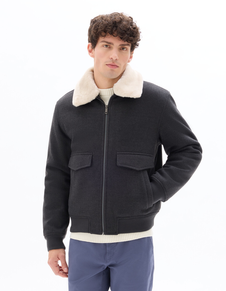 chaqueta de mezcla de lana con cuello de piel
