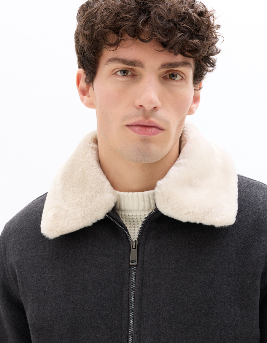 chaqueta de mezcla de lana con cuello de piel