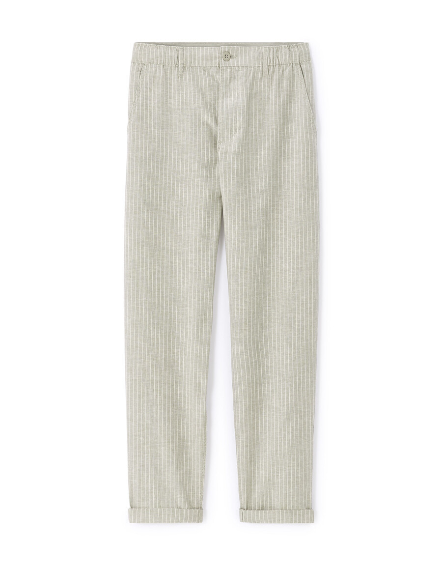 pantalones rectos de lino y algodón a rayas
