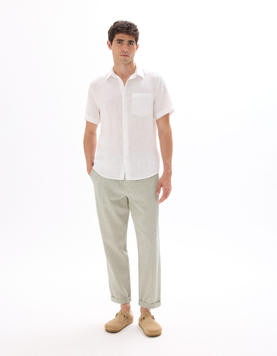 pantalones rectos de lino y algodón a rayas