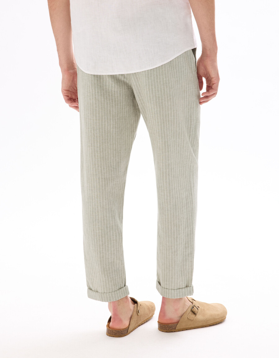 pantalones rectos de lino y algodón a rayas
