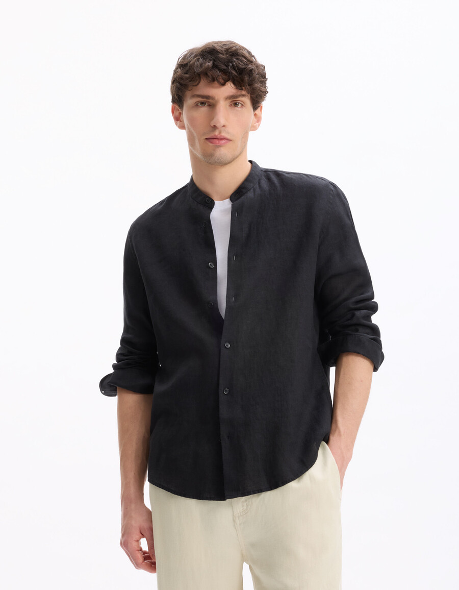 camisa de cuello mandarín de corte regular 100 lino