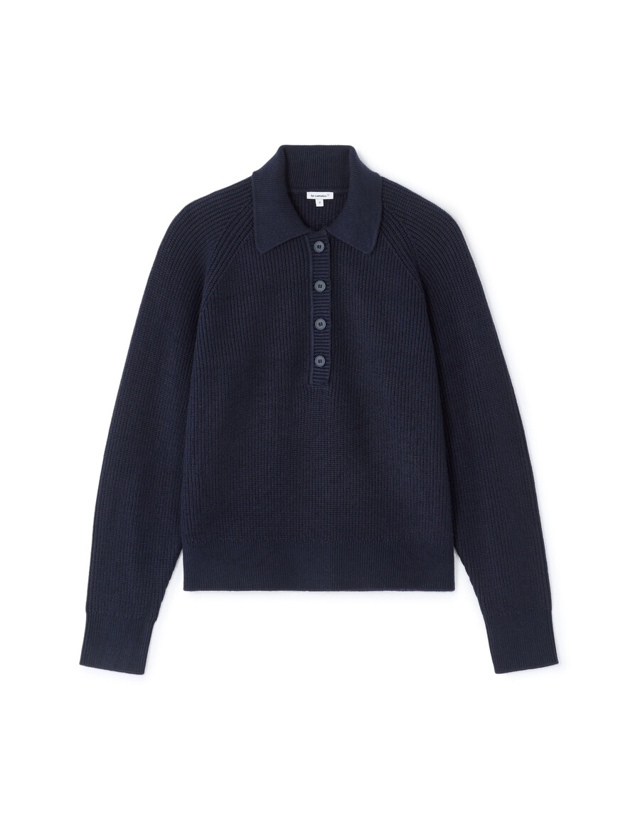 suéter de cuello polo de punto azul marino