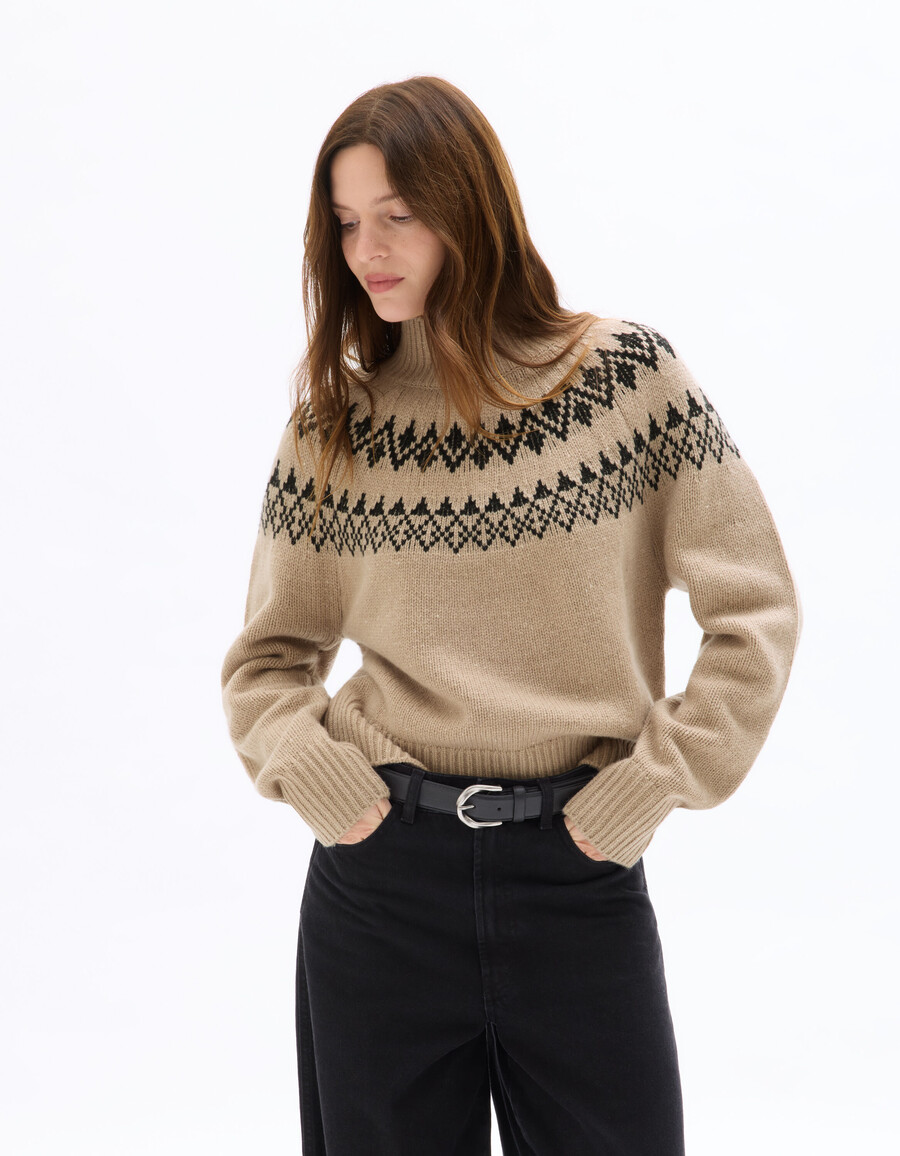 suéter de cuello alto de jacquard en mezcla de lana