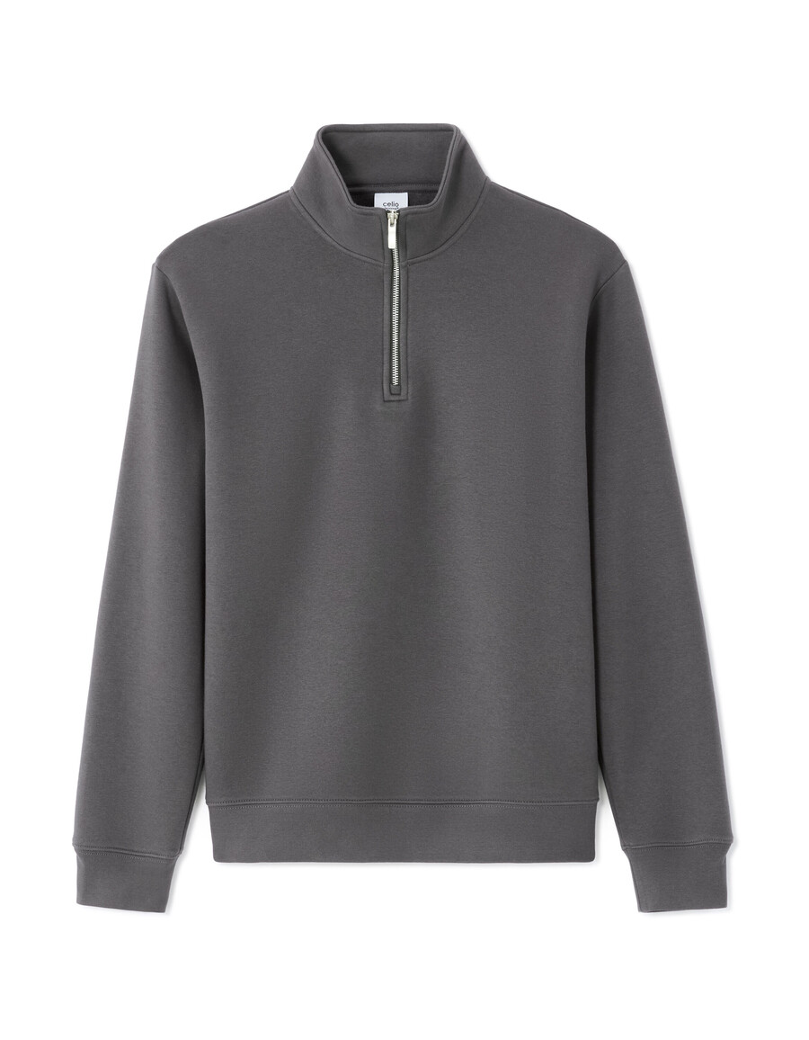 sudadera gris lisa de corte regular con cremallera de un cuarto