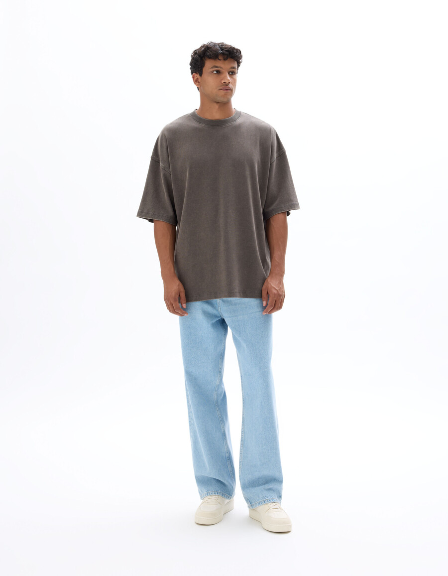camiseta de cuello redondo extragrande 100 algodón lavado y gofrado