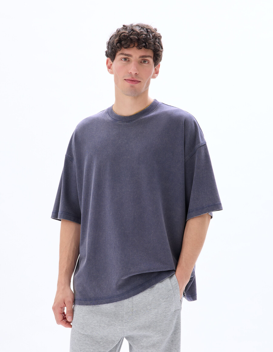 camiseta de cuello redondo extragrande 100 algodón lavado y gofrado