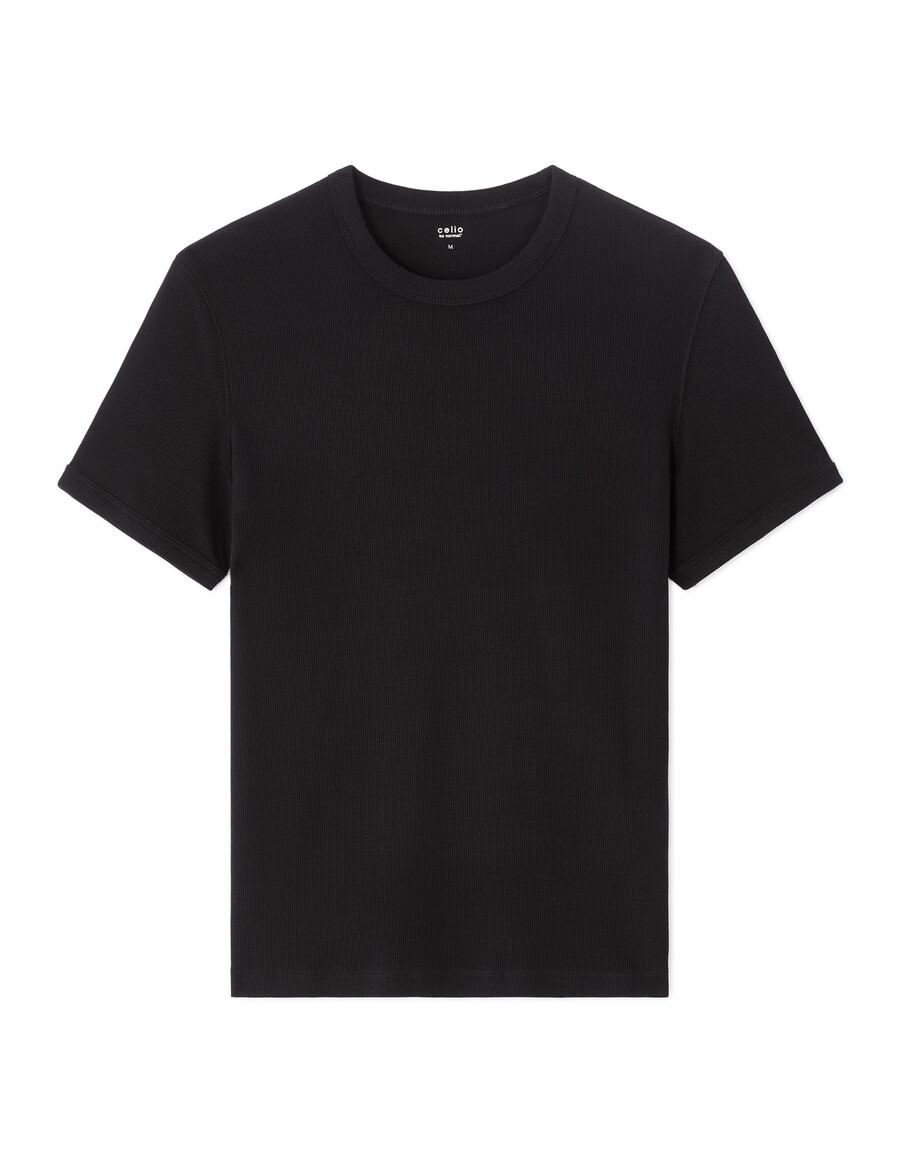 camiseta de algodón elástico acanalado con cuello redondo y corte entallado
